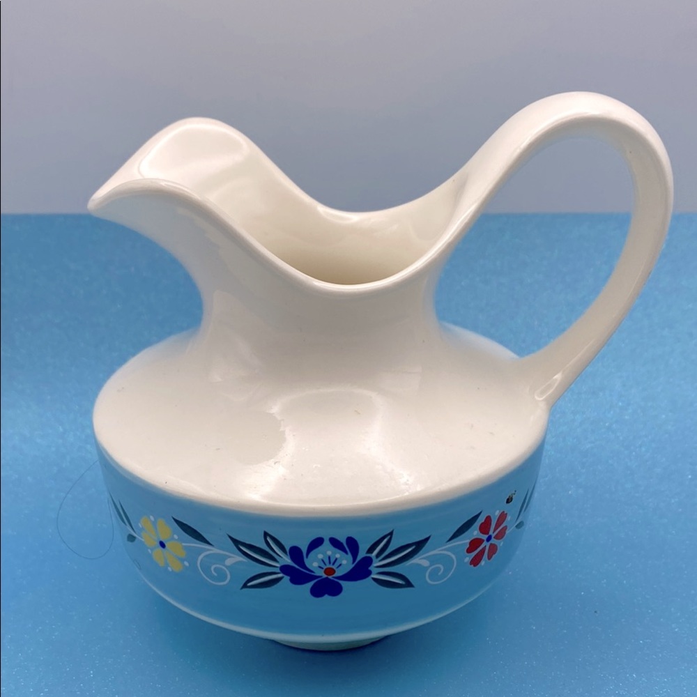 Country Style Small  White Ceramic Blue Ribbon Of Colored Flowers Pitcher